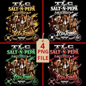Op de afbeelding: Een digitale afbeelding met vier variaties van een concerttourontwerp voor TLC, Salt-N-Pepa en En Vogue. Elk ontwerp bevat de tekst It's Iconic, een groep artiesten, een kroon, een cassettebandje en een vinylplaat in goud, zilver, groen of rood.