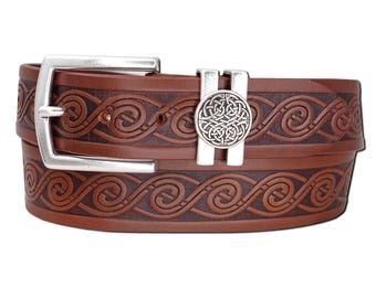 Embossed Celtic Wave Leather Belt
