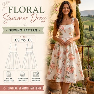 Könnte beinhalten: Ein digitales Schnittmuster für ein florales Sommerkleid in den Größen XS bis XL. Das Dokument enthält technische Strichzeichnungen der Vorder- und Rückseite des Kleides sowie Symbole für A0, A4, US-Letter-Formate, Anleitungen und anfängerfreundliche Hinweise.