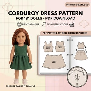 Può includere: Un cartamodello digitale per un vestito in velluto a coste per bambole da 46 cm. L'immagine mostra una bambola con un vestito verde senza maniche, accanto a uno schema con i pezzi del corpetto e della gonna, e il testo CORDUROY DRESS PATTERN.