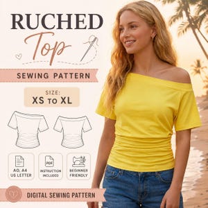 Off Shoulder Top Sewing Pattern, Ruched Boat Neck Tee PDF (Digital Download)