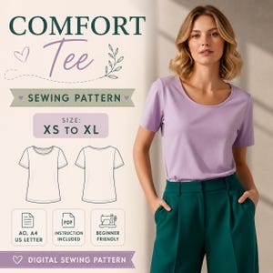 Puede incluir: Un patrón de costura digital para una camiseta Comfort en tallas de XS a XL. La imagen muestra una camiseta de manga corta color lavanda, un dibujo técnico de la parte delantera y trasera, e iconos para A0, A4, US Letter e instrucciones PDF.