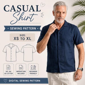 Pode incluir: Um molde de costura digital para uma camisa casual com o texto CASUAL SHIRT SEWING PATTERN, SIZE: XS TO XL, AO, A4 US LETTER, INSTRUCTION INCLUDED, BEGINNER FRIENDLY e DIGITAL SEWING PATTERN. Inclui um desenho técnico da camisa.