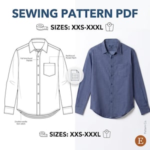 Può includere: Un cartamodello PDF per una camicia a maniche lunghe con bottoni nelle taglie XXS-XXXL. L'immagine mostra un disegno tecnico con etichette per un'abbottonatura rinforzata, una tasca rinforzata e un orlo con cucitura a doppio ago.