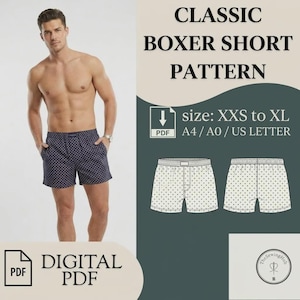 Op de afbeelding: Een digitaal PDF-naaipatroon voor klassieke boxershorts. De afbeelding toont de tekst CLASSIC BOXER SHORT PATTERN, size: XXS to XL, A4 / A0 / US LETTER, en bevat technische lijntekeningen van de voor- en achterkant van de boxershorts.