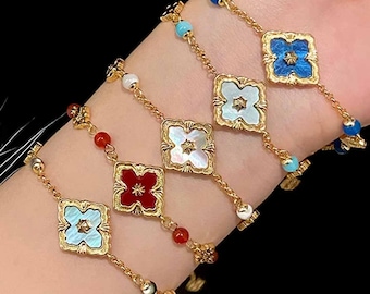 Pulsera vintage de oro con trébol, nácar natural, cadena de 3 flores, joyería para mujer.