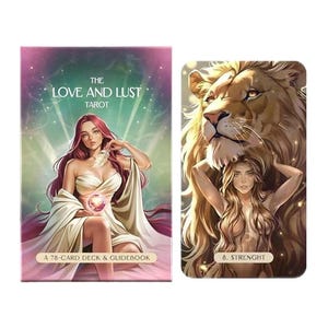 May include: A tarot card deck and guidebook set titled "The Love and Lust Tarot." The box features a woman with long red hair holding a glowing orb. The card shows a woman with long hair and a lion, with the word "STRENGHT".