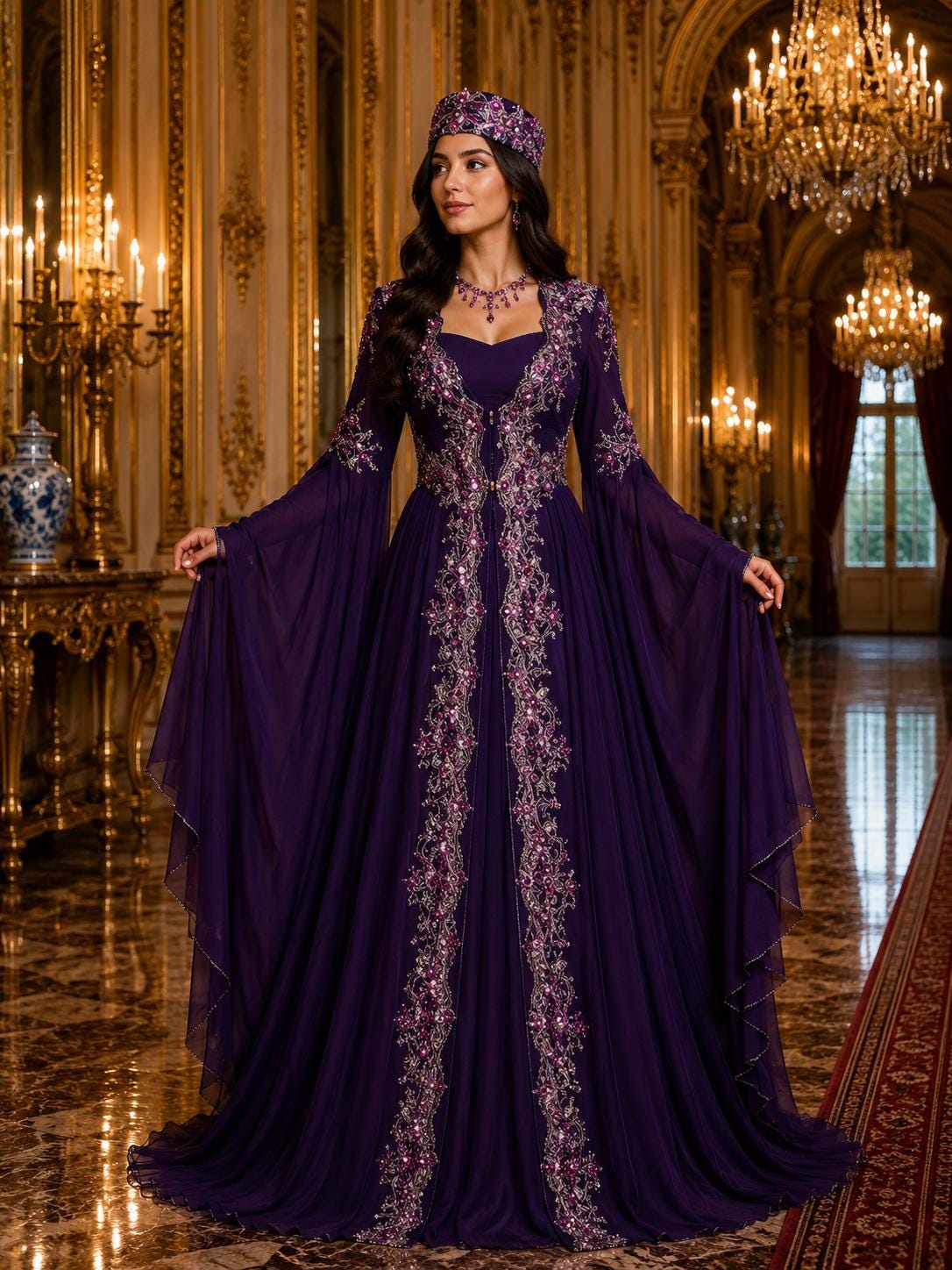 formal & gown kaftan dress Purple Silver Embroidered Dress, Ottoman Style Bridal Gown, Henna Night Dress, Traditional Wedding Caftan, Royal With its high neckline