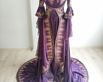 Purple Ottoman Bindalli Dress, Turkish Henna Kaftan, Embroidered Medieval Gown, Ottoman Style Caftan, Fantasy Princess Dress, Corset Back