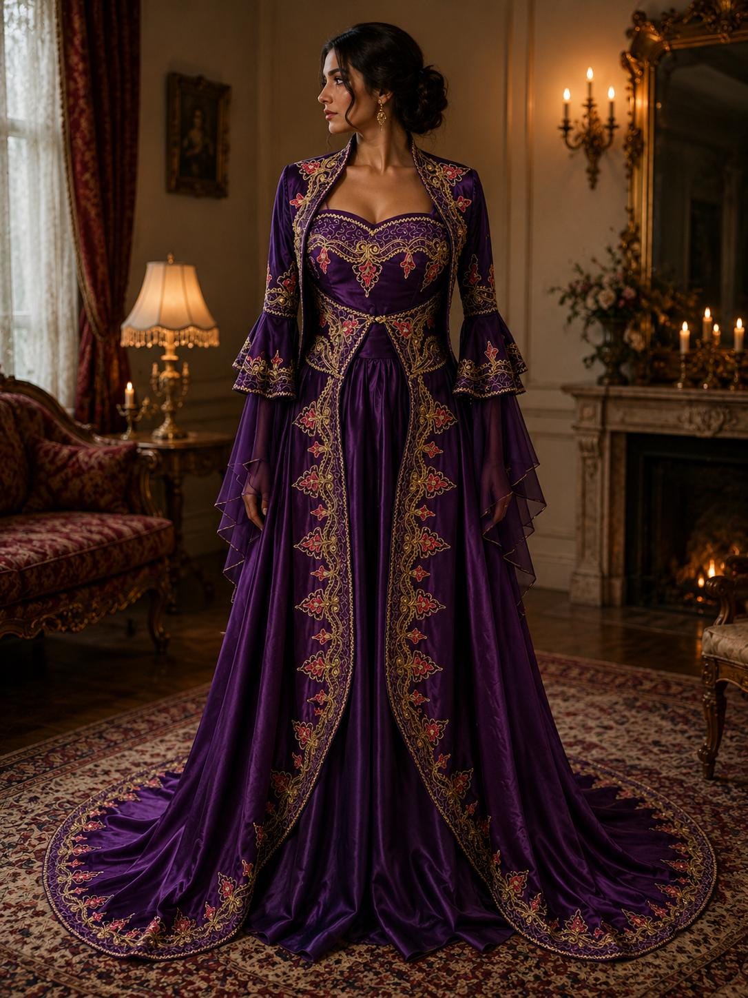 Purple Ottoman Bindalli Dress, Turkish Kaftan, Gold Embroidered…