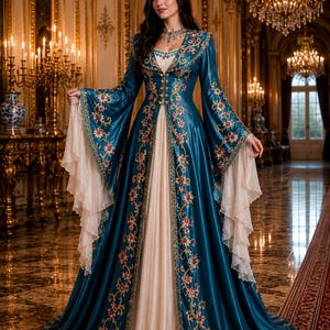 May include: A floor-length teal gown featuring a cream-colored pleated underlayer, long flared sleeves with cream chiffon trim, and intricate floral embroidery along the front opening. The garment is paired with a matching ornate tiara and necklace.