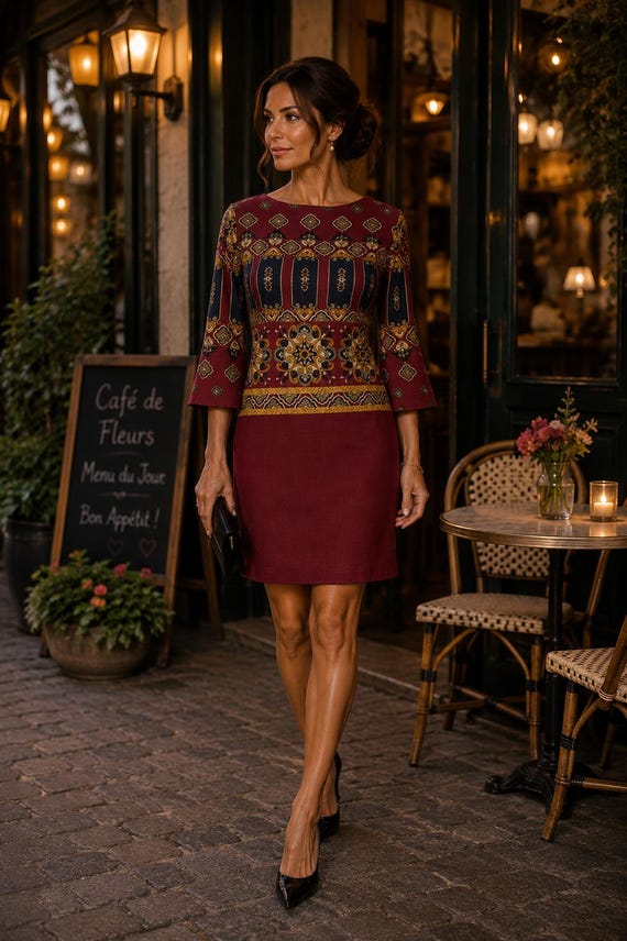 Vintage Burgundy Ottoman Print Midi Dress – Boho Retro Style Size M