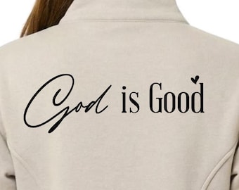 Women Quarter Zip Fleece Pullover, God is Good Sweatshirt, Christian Back Print Mock Neck, Faith Based Sleeve Detail Cuff Print Jacket