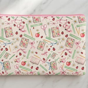 Ladybug Floral Canvas Pencil Case, Cute Pink School Pouch with Zipper, Aesthetic Backpack Organizer Bag, Back to School Gift for Kids