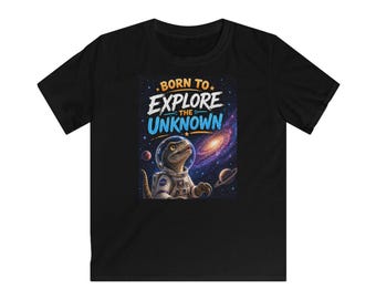 Camiseta infantil de dinosaurio espacial: Nacido para explorar lo desconocido