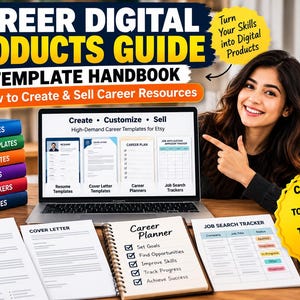 Pode incluir: Um guia de produtos digitais e manual de modelos com um portátil exibindo modelos de carreira, uma pilha de livros coloridos rotulados com recursos de carreira e documentos impressos, incluindo currículo, carta de apresentação e planejador.