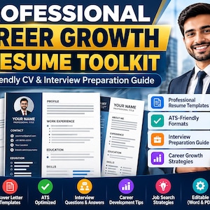 May include: A professional career growth and resume toolkit featuring ATS-friendly CV and interview preparation guides. The graphic displays resume templates, a smiling person giving a thumbs up, and text highlighting career growth strategies.