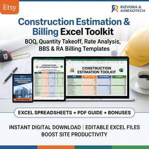 Peut inclure: Un kit d'outils Excel numérique pour l'estimation et la facturation de construction, incluant des modèles de BOQ, métrés, analyse de taux et BBS. L'ensemble comprend des feuilles Excel, un guide PDF et des bonus sur écran d'ordinateur.