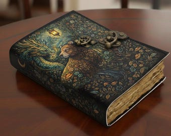 Dziennik fantasy z niedźwiedziem i smokiem, notes w stylu leśnego gotyku, dziennik Dark Academia, szkicownik mitycznych stworzeń, prezent w postaci dziennika z zamkiem w stylu vintage