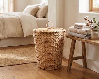 Natural Water Hyacinth Waste Basket with Lid and Liner