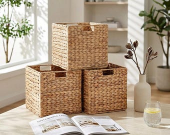 Natural Water Hyacinth Cube Storage Baskets Set of 3