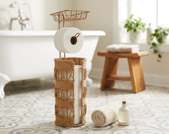 Rattan Toilet Paper Holder Stand with Shelf Woven Tissue Roll Storage Organizer for Bathroom