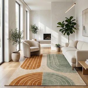 Boho Modern Geometric Arch Rug | Sage Green Terracotta Area Carpet