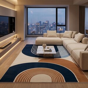 Geometric Arch Pattern Rug – Navy, Terracotta, Ivory Mid-Century Modern Area Carpet