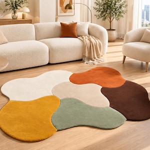 Handgetuft onregelmatig vloerkleed, abstract modern vloerkleed, kleurrijk tapijt met bijzondere vormen, vloerkleed voor de woonkamer
