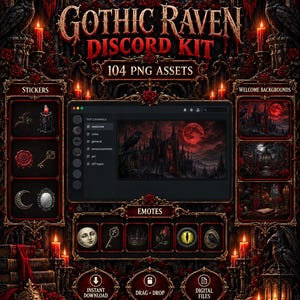 Könnte beinhalten: Eine digitale Asset-Sammlung mit dem Titel GOTHIC RAVEN DISCORD KIT, die 104 PNG-Dateien enthält. Die Anzeige umfasst Sticker, Begrüßungshintergründe und Emotes in dunklen Rot- und Schwarztönen mit Raben, Rosen, Schlössern und Monden.