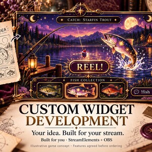 May include: A digital interface for a fishing game widget featuring a Starfin Trout, a Reel button, and a Fish Collection display. The design includes a night landscape with a lake, mountains, and a lantern. Text includes Catch: Starfin Trout, REEL!, and !fish.