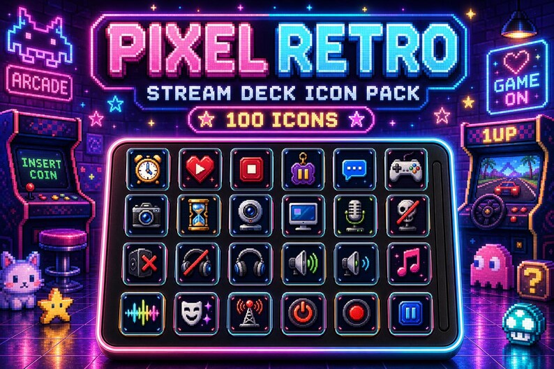 Streamlabs Button Pixel 8-bit Retro Stream Deck Icons Pack - 100 Retro Gaming Buttons for ...
