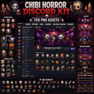 May include: A digital asset collection titled Chibi Horror Discord Kit containing 155 PNG files. The kit features various horror-themed character icons, stickers, banners, welcome screens, and dividers, displayed in a dark, purple-toned interface.