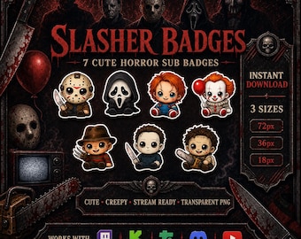 Chibi-Horror-Twitch-Abzeichen | 7-stufiges Bit-Abzeichen-Set für Kick- und Discord-Rollensymbole | PNG-Download