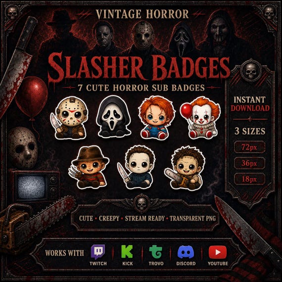 Chibi Horror Twitch Sub Badges + Bit Badges | Kick Sub Badges Discord Role Icons | 7 Tier Stream Badges