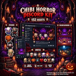 May include: A Chibi Horror Discord Kit featuring 152 assets, including stickers, emotes, and welcome backgrounds. The display shows a dark purple, gothic-themed interface with horror characters, skulls, and candles, labeled with text including Chibi Horror Discord Kit and 152 Assets.