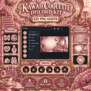Puede incluir: Un kit digital titulado Kawaii Coquette Discord Kit que contiene 131 archivos PNG en tonos rosados. La imagen muestra pegatinas, elementos de marca y emoticonos con marcos ornamentados, detalles florales y lazos decorativos.