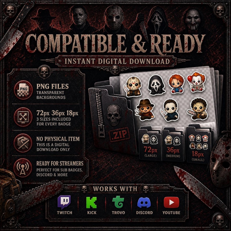 Chibi-Horror-Twitch-Abzeichen | 7-stufiges Bit-Abzeichen-Set für Kick- und Discord-Rollensymbole | PNG-Download Bild 5