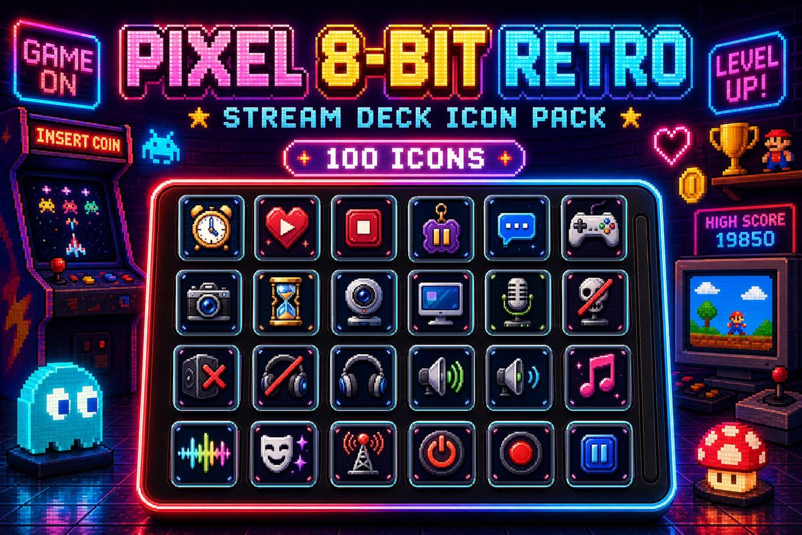 Streamlabs Button Pixel 8-bit Retro Stream Deck Icons Pack - 100 Retro Gaming Buttons for ...