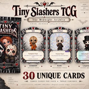 May include: A Tiny Slashers TCG booster pack featuring chibi horror characters alongside three collectible cards labeled Sam, Pinhead, and The Babadook. The cards display common, rare, and legendary finishes with text details, set against a parchment-style background with a red wax seal graphic.