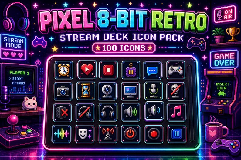 Streamlabs Button Pixel 8-bit Retro Stream Deck Icons Pack - 100 Retro Gaming Buttons for ...