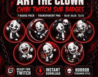 Killerclown-Horror-Twitch-Sub-Abzeichen | 7-stufiges Bit-Abzeichen-Set für Kick- und Discord-Rollensymbole | PNG-Download