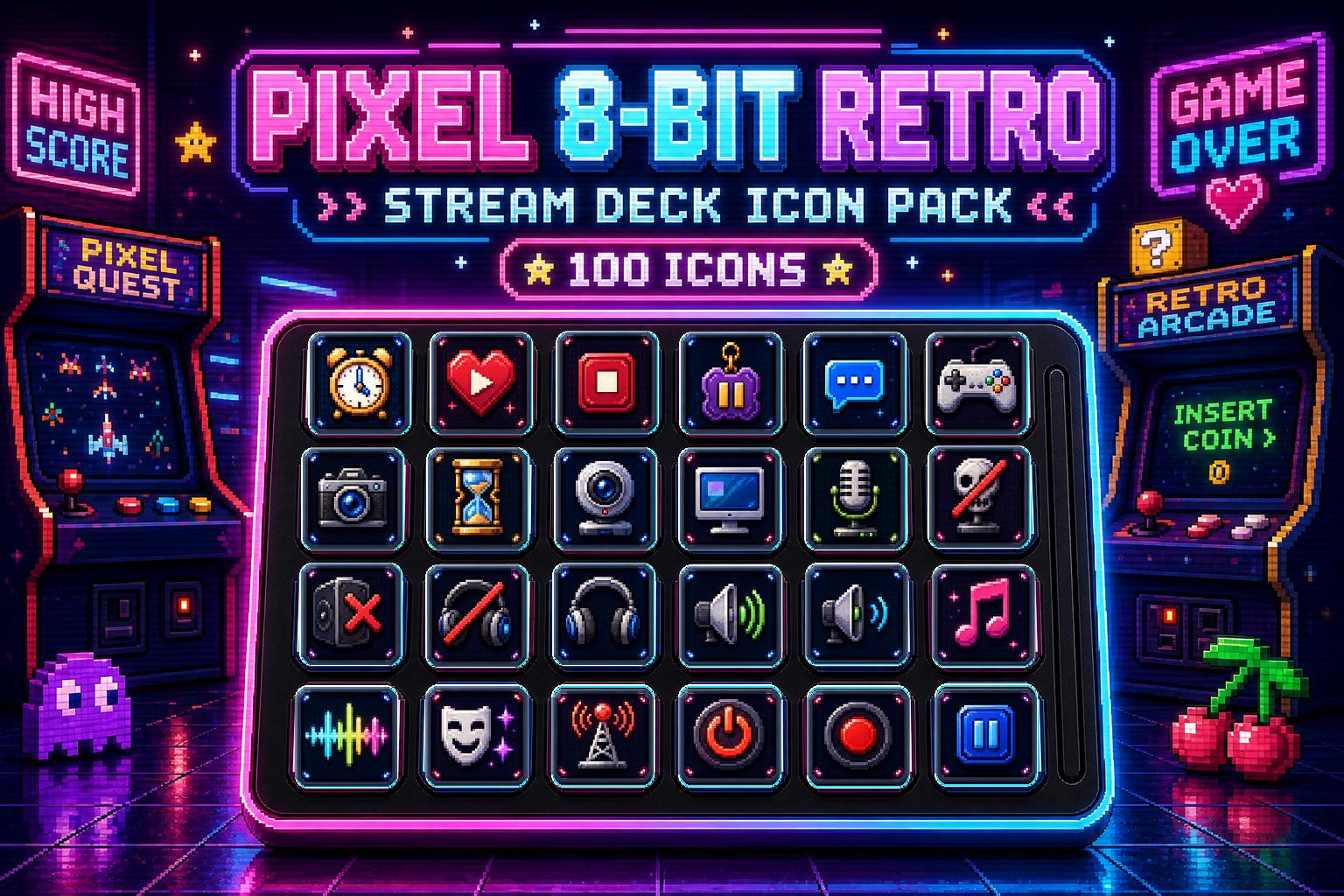 Streamlabs Button Pixel 8-bit Retro Stream Deck Icons Pack - 100 Retro Gaming Buttons for ...