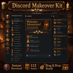May include: A digital Discord Makeover Kit interface featuring a dark tavern-themed layout with gold accents. The screen displays channel lists, user roles, and chat messages with text including Welcome, Adventurer, Innkeeper, and various fantasy icons.