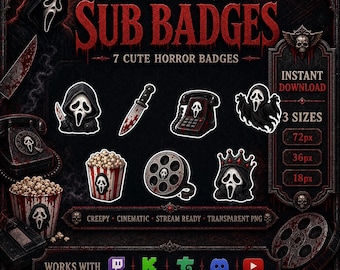 Horror-Geistermasken-Twitch-Abzeichen | 7-stufiges Bit-Abzeichen-Set für Kick- und Discord-Rollensymbole | PNG-Download