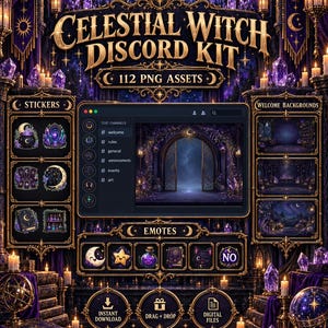 May include: A digital kit titled Celestial Witch Discord Kit with 112 PNG assets. It features a dark purple and gold theme with celestial motifs, including stickers, emotes, and welcome backgrounds displayed in a gothic-style interface.