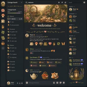 Op de afbeelding: Een digitale interface voor een community-server genaamd Cottage Hearth, met een donker thema en een banner met een afbeelding van een cottage-tuin. De lay-out bevat een zijbalk met kanalen, een centrale chatfeed met berichten en een ledenlijst.