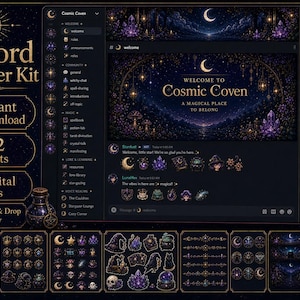May include: A digital Discord makeover kit featuring a dark theme with purple crystal and celestial motifs. The interface displays text including Discord Makeover Kit, 112 Assets, and Welcome to Cosmic Coven, alongside various icons and banners.