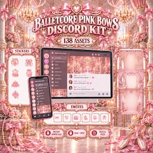 以下が含まれることがあります： 138個の素材を含む「Balletcore Pink Bows Discord Kit」というデジタルアセットキット。モニターとスマートフォンのインターフェースが表示されており、ピンク色のバレエをテーマにしたステッカー、エモート、背景画像が装飾的なフレーム内に配置されています。