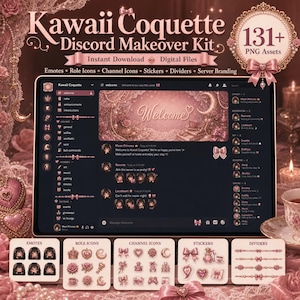 以下が含まれることがあります： 131個以上のPNG素材を含むKawaii Coquette Discordメイクオーバーキット。エモート、ロールアイコン、チャンネルアイコン、ステッカー、仕切りが含まれています。画面には、ピンクのアクセントとリボンのグラフィックが施されたダークテーマのインターフェースが表示されています。